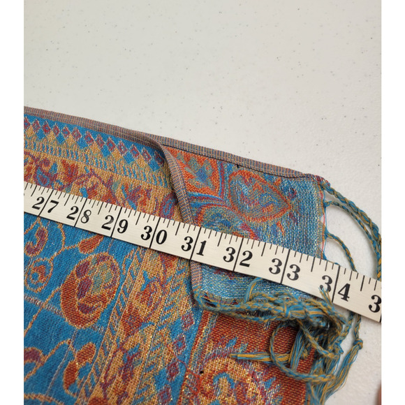 Reversible Fringe Shawl Scarf Pink Blue Paisley Metallic Thread Women's 28"x68" - Picture 3 of 10